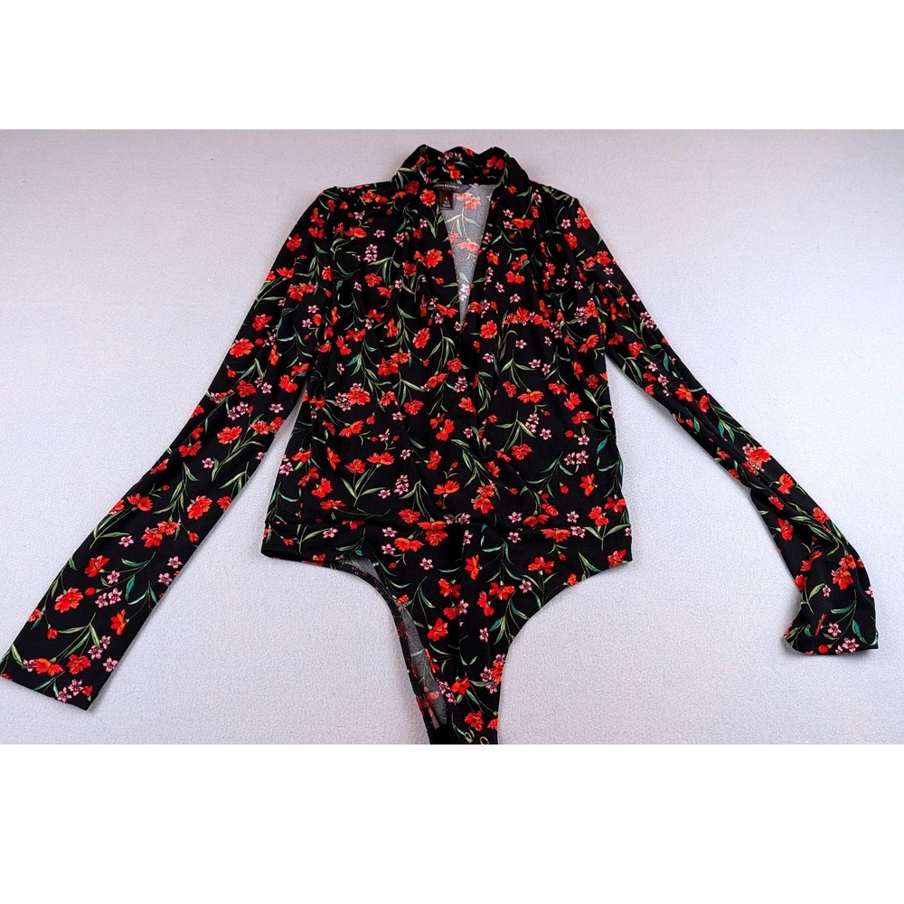 Banana Republic Floral Long Sleeve Bodysuit Black Red Surplice V-Neck Small